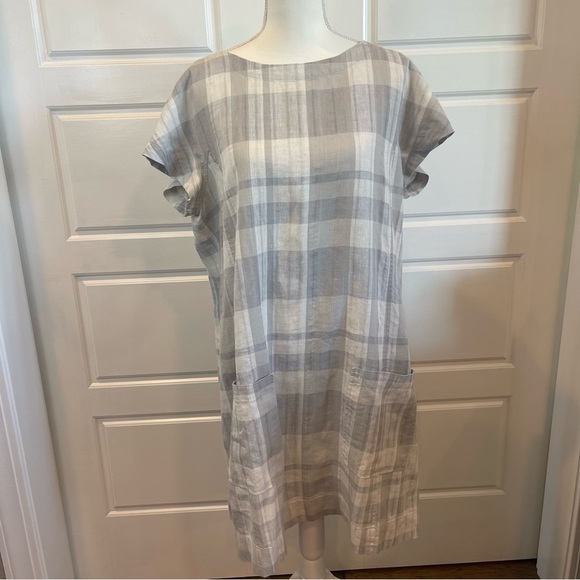 Eileen Fisher Shift Dress Size Large Gray Plaid Chambray Airy Organic Linen - Picture 3 of 13